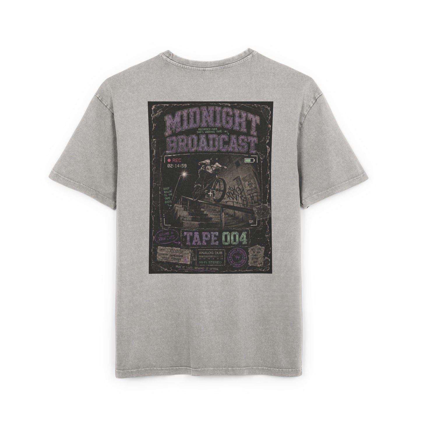 Midnight Broadcast Acid-Wash Tee — Vintage Horror Tape Graphic