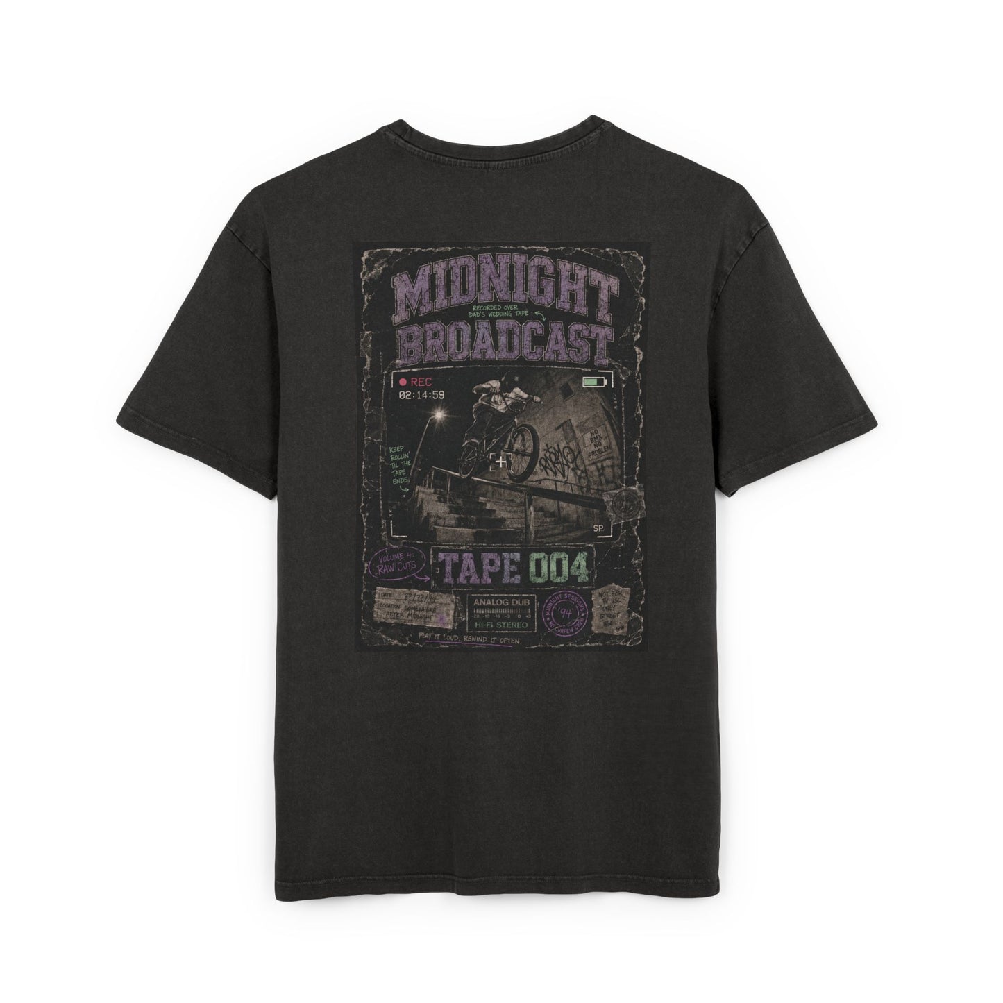 Midnight Broadcast Acid-Wash Tee — Vintage Horror Tape Graphic