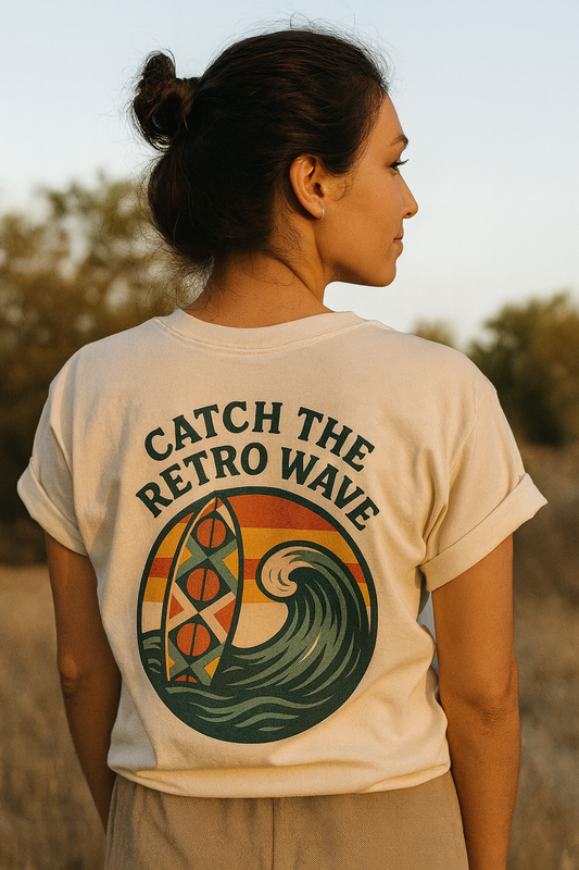 Catch the Retro Wave Unisex Heavy Cotton Tee, Vintage Surf T-Shirt, Summer Style, Beach Apparel, Gift for Surfer, Ocean Lover