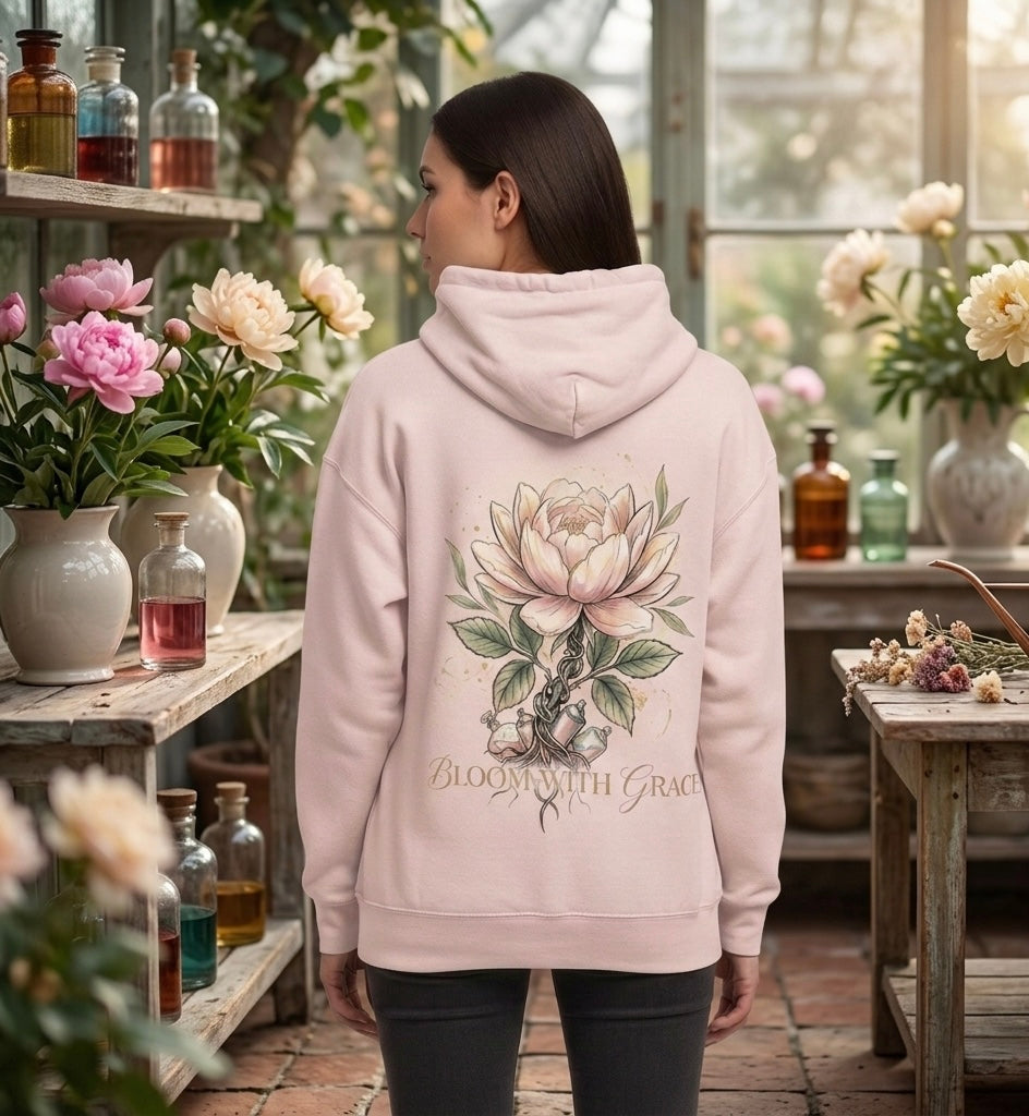 Floral 'Bloom with Grace' Hoodie — Vintage Peony Sweatshirt for Women