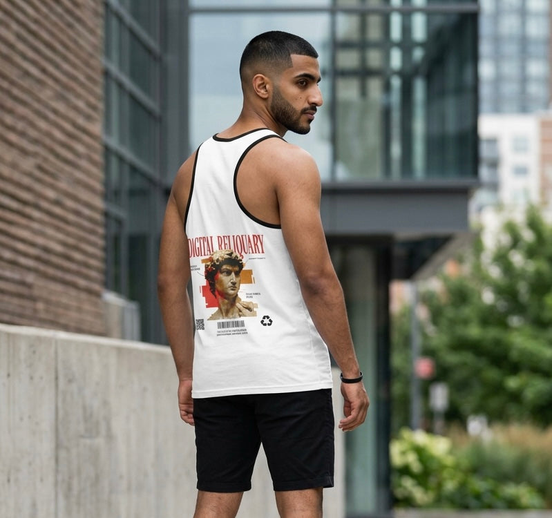 Digital Reliquary Tank Top — Retro Statue Graphic Aesthetic