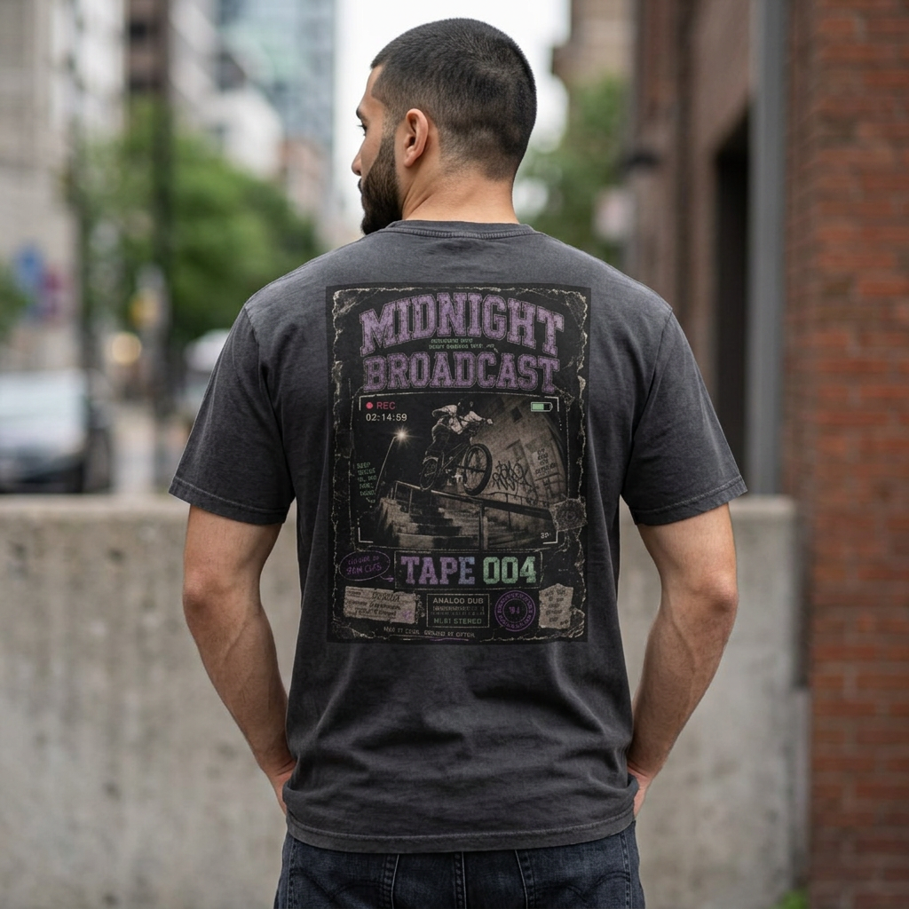 Midnight Broadcast Acid-Wash Tee — Vintage Horror Tape Graphic