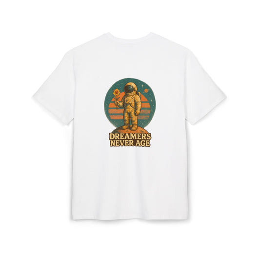 Dreamers Never Age Unisex Oversized Tee, Astronaut T-Shirt, Retro Space Shirt, Cool Graphic Top, Unique Gift for Space Lovers