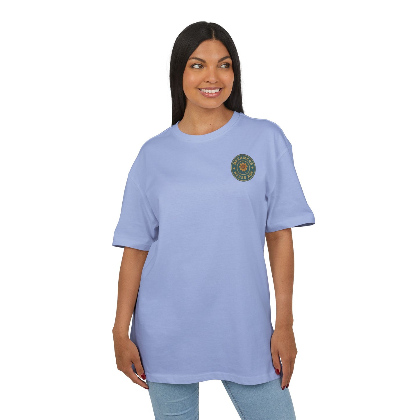 Dreamers Never Age Unisex Oversized Tee, Astronaut T-Shirt, Retro Space Shirt, Cool Graphic Top, Unique Gift for Space Lovers