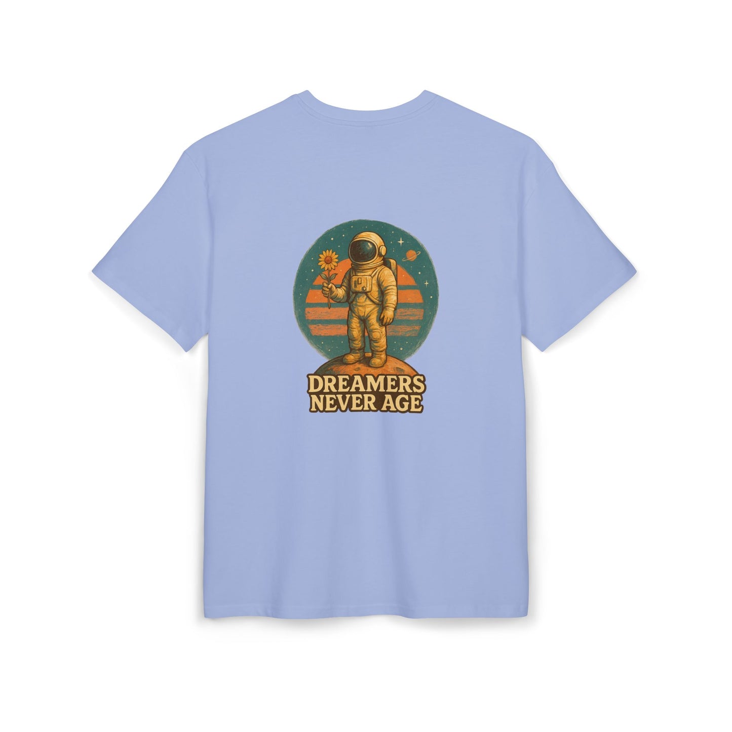 Dreamers Never Age Unisex Oversized Tee, Astronaut T-Shirt, Retro Space Shirt, Cool Graphic Top, Unique Gift for Space Lovers